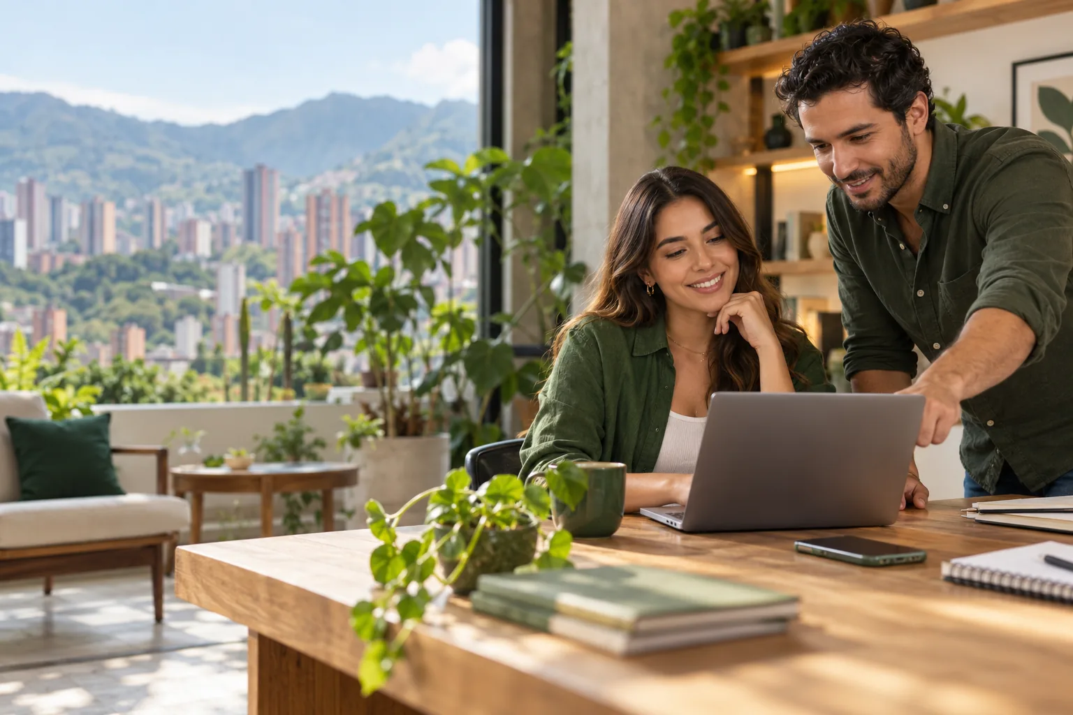 Un consultor digital y una emprendedora revisan un proyecto en su computador